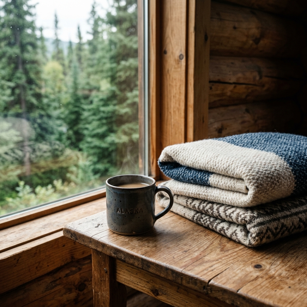 Folded blankets and warm mug detail