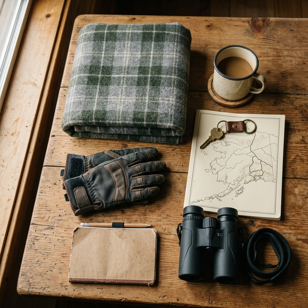 Angler cabin travel essentials flatlay