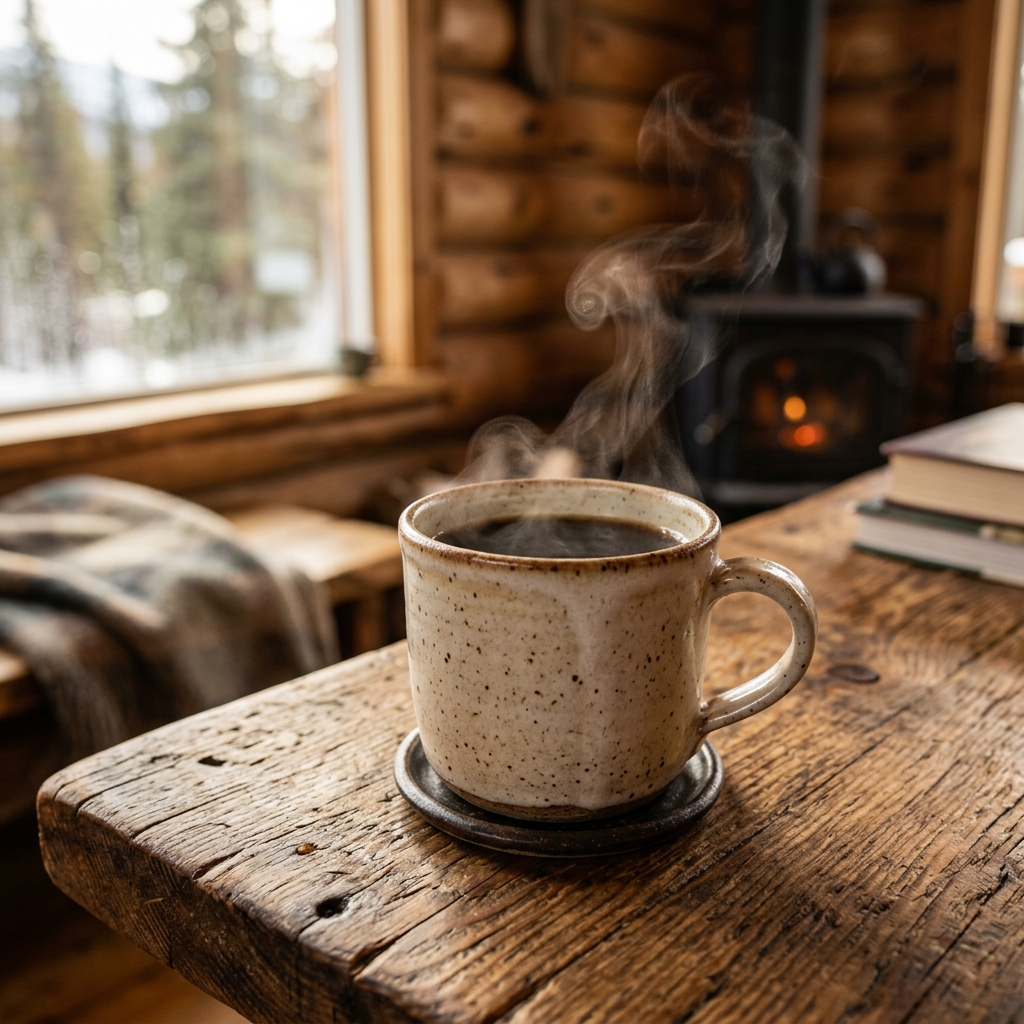 Steaming coffee mug on wood table