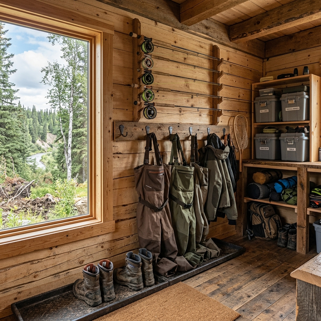 Lodge fishing gear and wader storage room