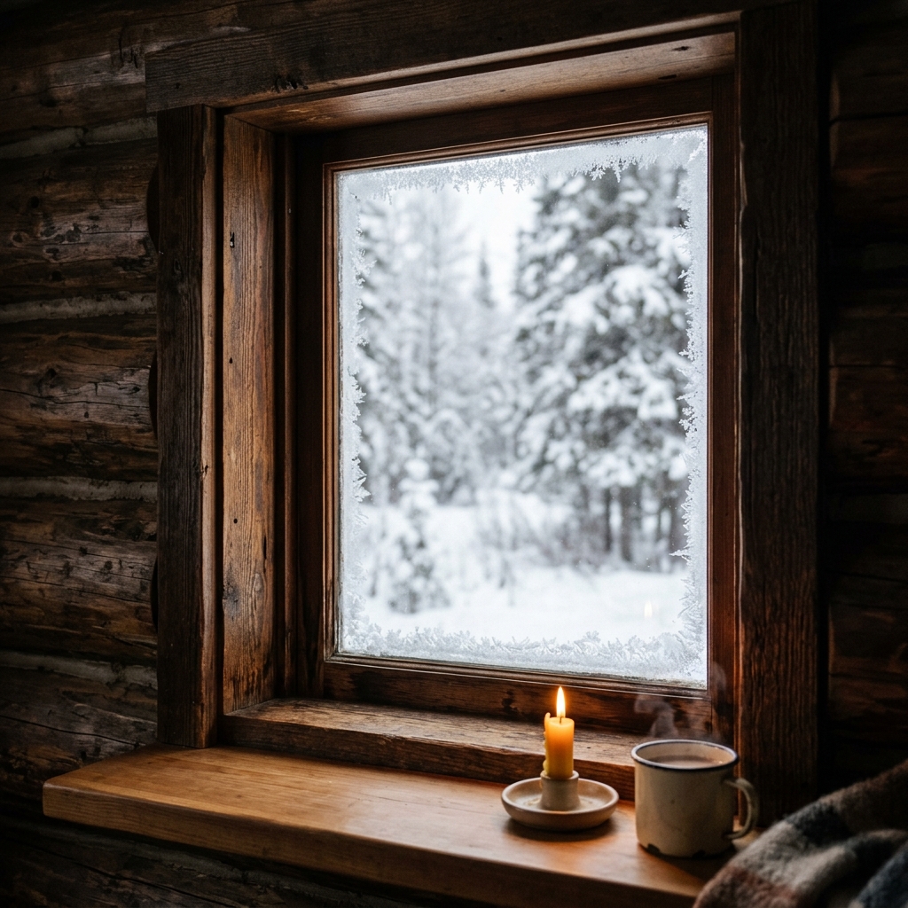 Cozy frosted cabin window with candle