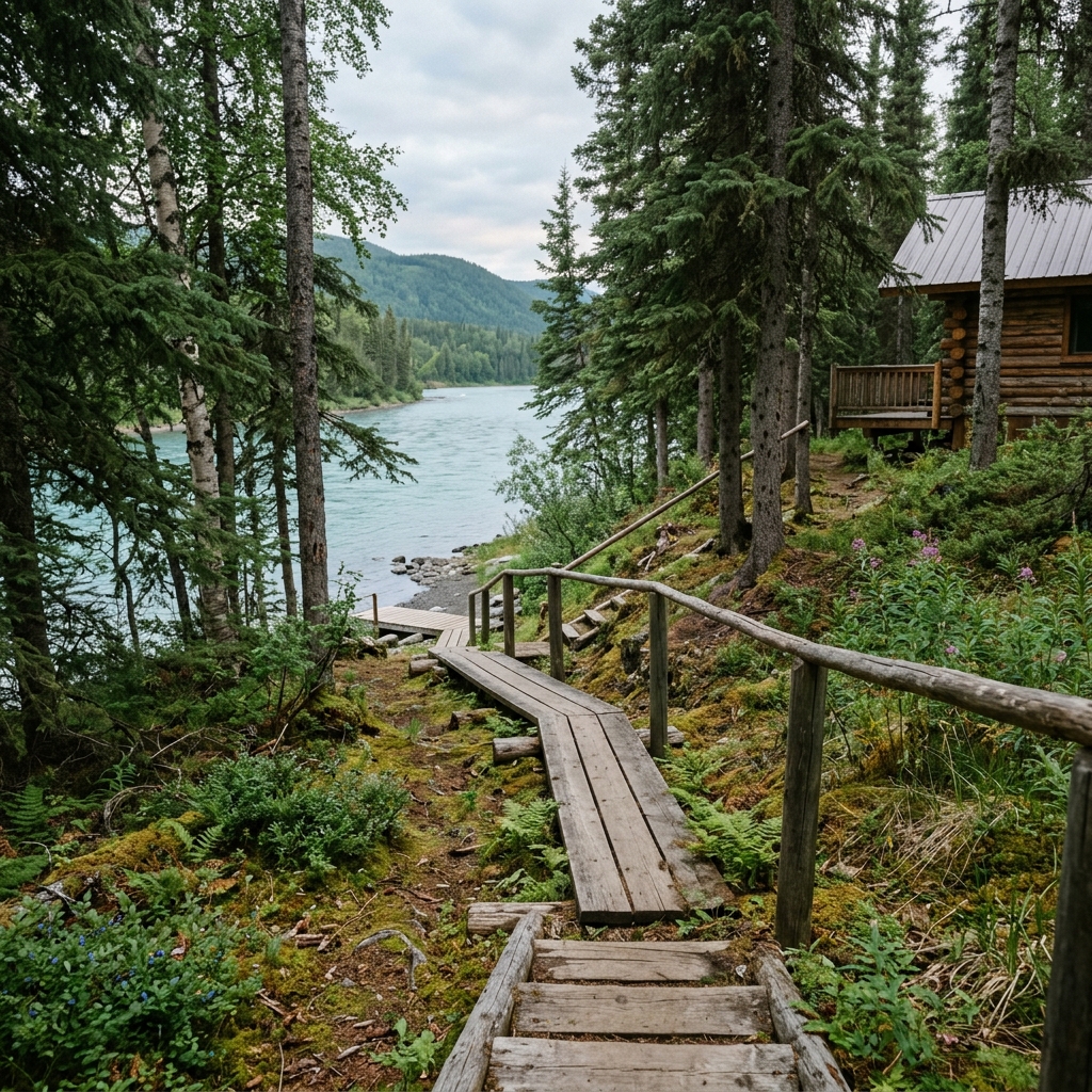 Wooden pathway through spruce to river bank