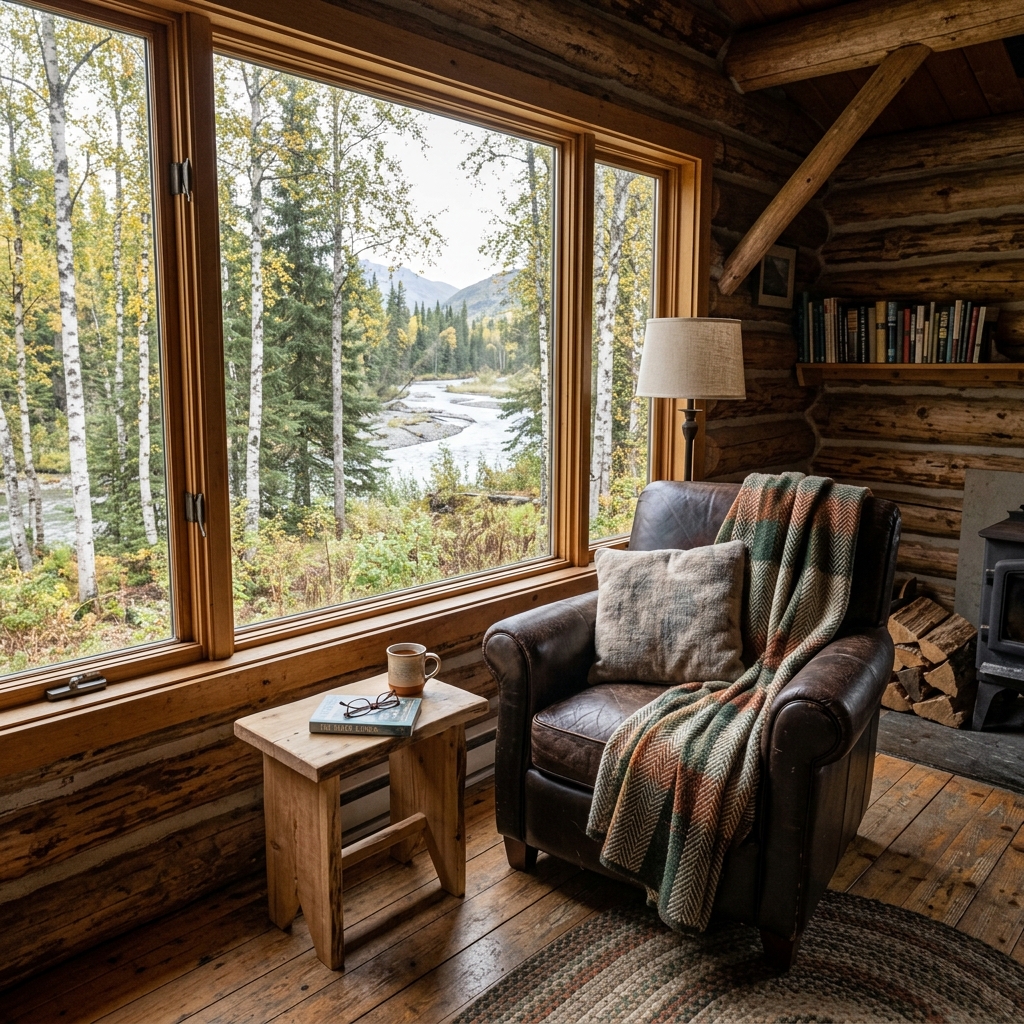 Leather armchair reading corner by the window