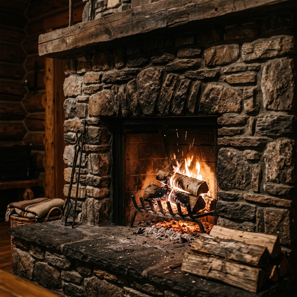 Rustic stacked stone fireplace detail
